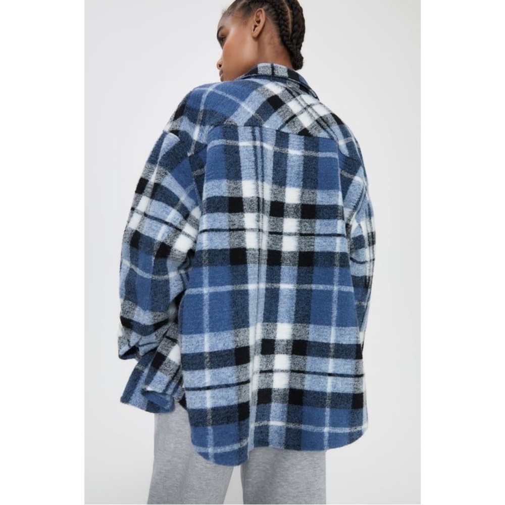 ZARA Blue Plaid Wool Blend Shacket Oversized Snap Button Jacket S - Picture 12 of 16